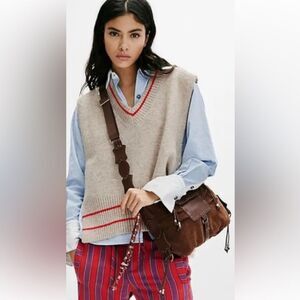 Free People We The Free Suede Leather Silvie Studded Sling Cognac Brown Bag NWT